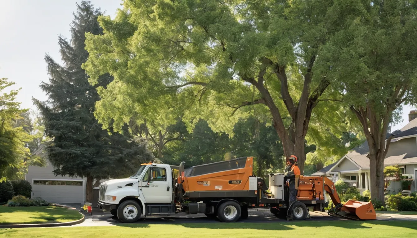 A tree removal provider working on a large backyard tree in Belleville